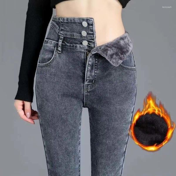 Jeans da donna Autunno Inverno Moda coreana Cashmere Vita alta Elastico Caldo Leggings in denim Bottone da donna