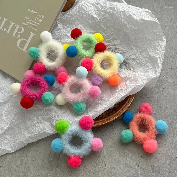 Haarschmuck 5 Teile/los Winter Warme Kinder Ball Seile Kontrast Bunte Elastische Kopfbänder Niedlichen Plüsch Mädchen Kopfschmuck