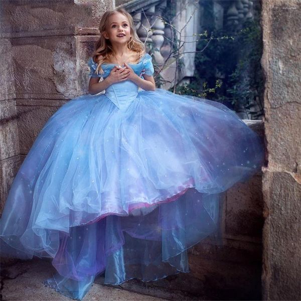 Abiti da ragazza Abito a fiori Tesoro blu lucido Tulle Farfalla Decorazione con spalle scoperte Matrimonio Bambino Santa Comunione Festa