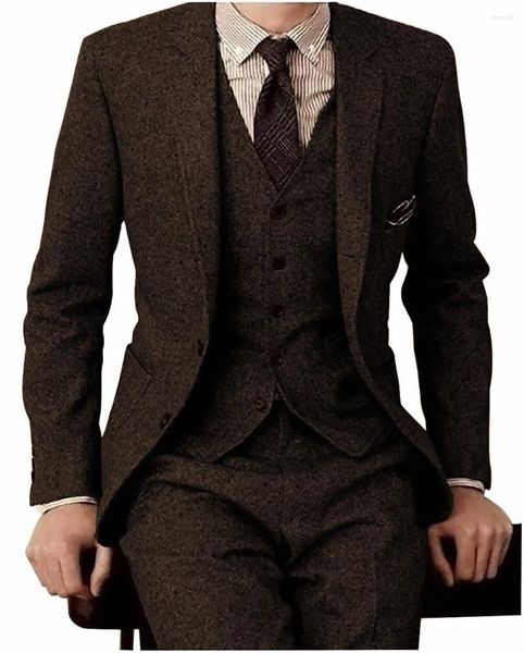 Abiti da uomo Blazer per uomo Disegni Abito in tweed marrone Vintage Inverno Formale Matrimonio Classico 3 pezzi