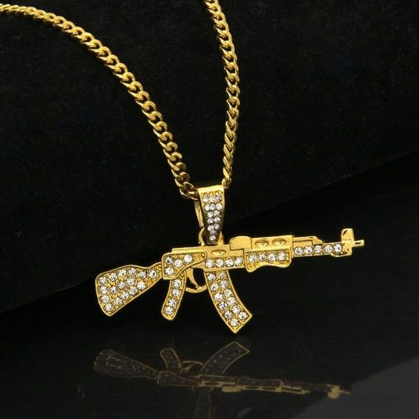 Gold Iced Out AK47 Anhänger Halskette für Herrenmode Hip Hop Schmuck kubanische Gliederkette Halsketten263m