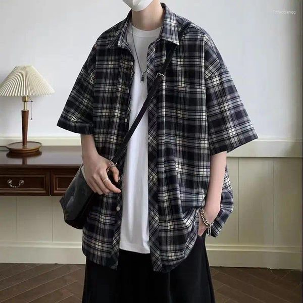 Erkekler Sıradan Gömlek Damalı Kısa Kollu Gömlek Yaz Amerikan Retro Ceket Tasarım Japon Moda Marka Trendi