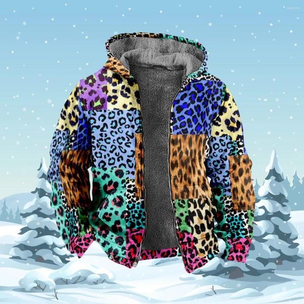 Hoodies masculinos quentes com capuz outono inverno velo zip up original leopardo retalhos impressão digital homens parka casaco jaquetas outerwear rua