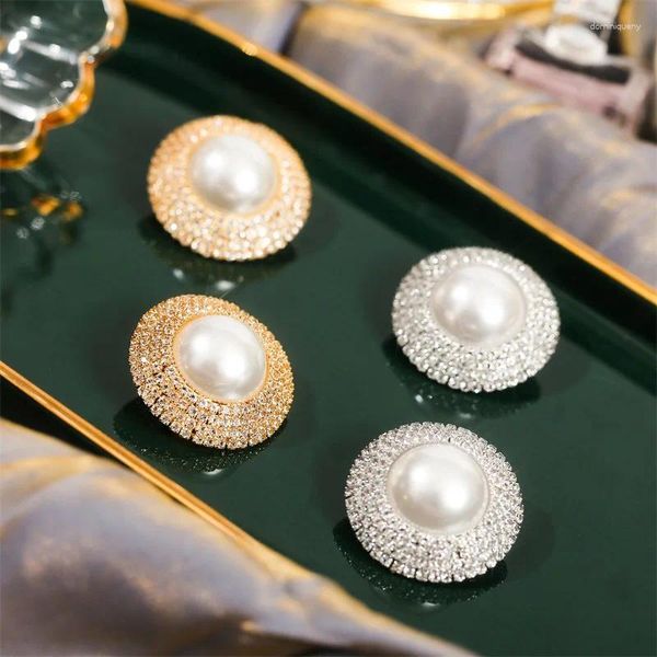 Orecchini a bottone Classici da donna con strass bling rotondi grandi per le donne Oro Argento Colore Metallo Bianco Orecchino di perla Gioielli di lusso
