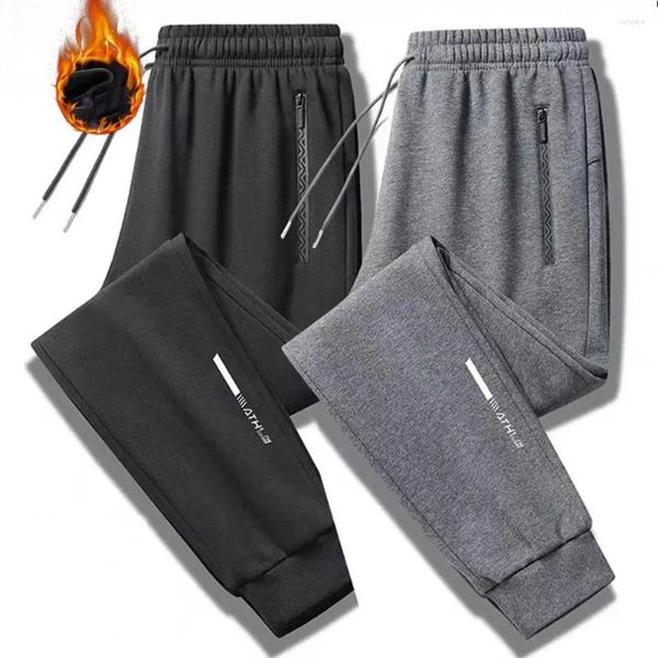 Calças masculinas com zíper bolsos esportes homens velo forro sweatpants inverno forrado jogger com zíper para frio