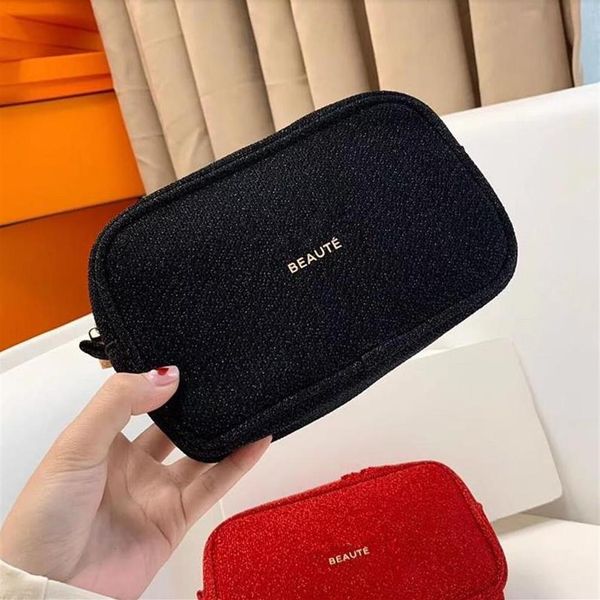 Blingbling preto vermelho tecido zíper caso elegante beleza cosméticos caso moda organizador de maquiagem saco caso de higiene pessoal com presente box262s