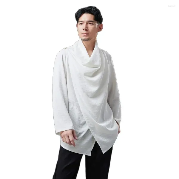 Abbigliamento etnico Abito da uomo asiatico in bianco e nero con linguetta Top tradizionali Abito vintage traspirante con colletto incrociato allentato primavera estate