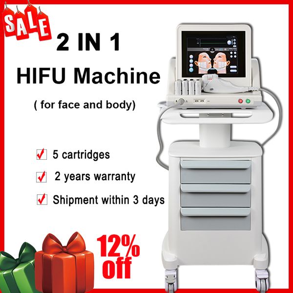 2 IN 1 HIFU portatile Face Lift Body dimagrante Altre apparecchiature di bellezza Ultrasuoni focalizzati ad alta intensità Macchina per rassodare la pelle 5 teste Due anni di garanzia