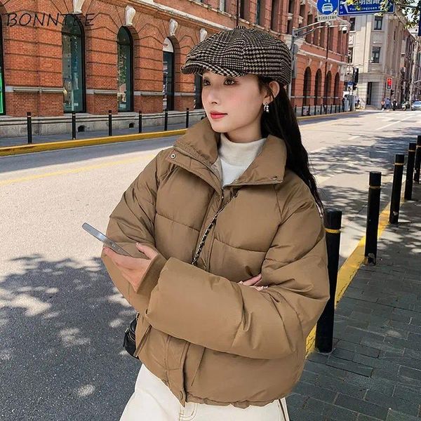 Casacos de Trench das Mulheres Parkas Mulheres Outono Inverno Curto Cintura Ajustável Cordão Alto Colarinho Bolsos Sólidos Puffer Jaqueta Estilo Coreano Básico