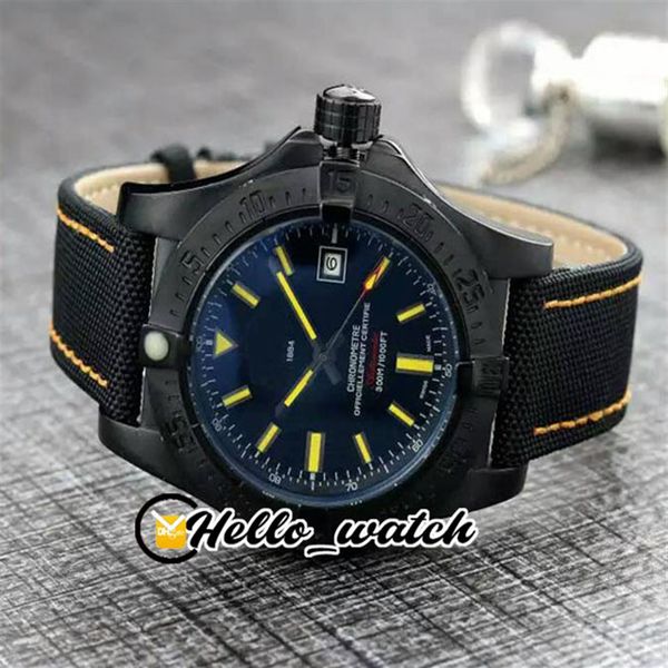 Novo Blackbird 44mm PVD Black Steel Case V17311101 Black Dial Automatic Mens Watch Amarelo Stick Mark Nylon Strap Relógios de couro He249x