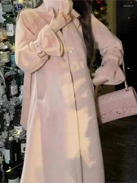 Pelliccia da donna Moda invernale Cappotti monopetto in visone finto rosa per le donne Colletto alla coreana Cintura allentata Giacche lunghe calde Capispalla femminili