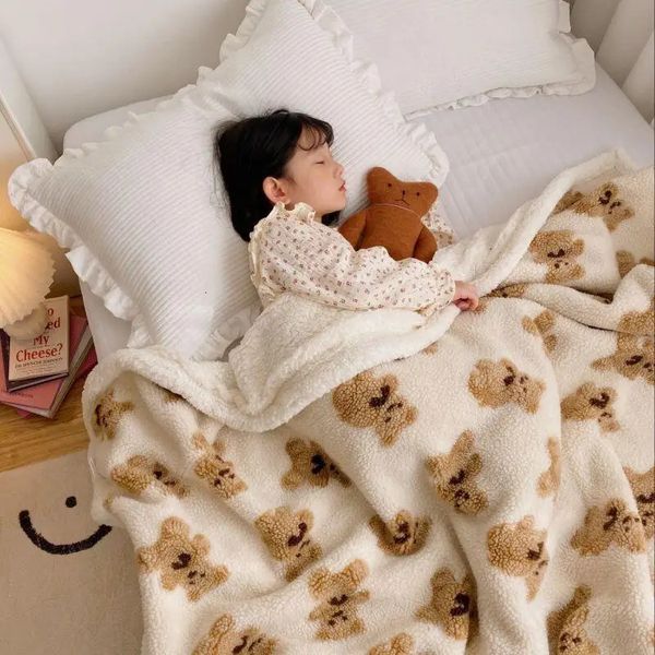 Dekens Inbakeren Schattige Beer Lamswollen Deken Dubbelzijdig Lamswol Zacht Warm Sherpa Sofa Gooi Dekens Dutten Quilt Dekens voor Kinderen Volwassen 231204