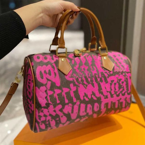 Tasarımcı Kadın Hızlı 30 Graffiti Tote Çanta Luxurys Designers Bags Baskılı Omuz Çantaları Lady Monogramlar Deri Tuval Yastıkları 338E