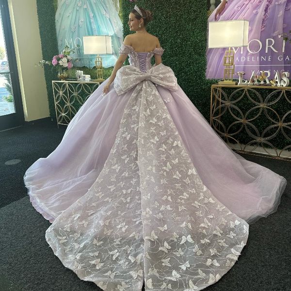 Scintillanti lavanda principessa farfalla abiti Quinceanera con fiocco perline spalle scoperte abiti da 15 anos abito da ballo per feste