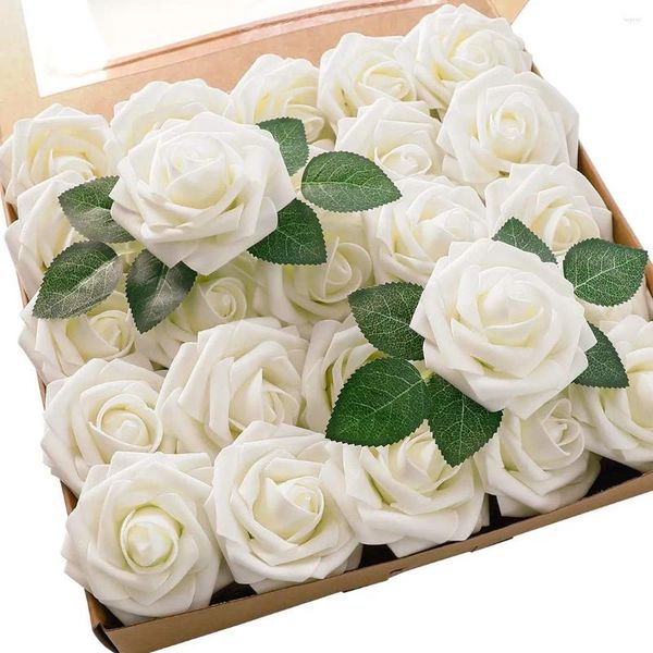 Dekorative Blumen, künstliche Elfenbein-Schaumstoff-Rosen mit Stielen, DIY-Hochzeitssträuße, weiße Brautparty-Mittelstücke, echt aussehend, 25 Stück