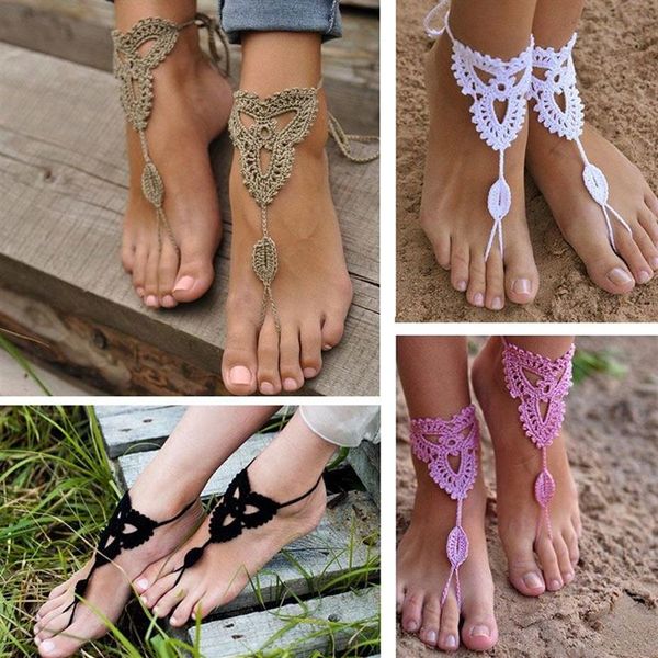 Intero-2015 Nuovo 2 paia di sandali a piedi nudi decorati da spiaggia da sposa in maglia con catena per cavigliera #81096250F