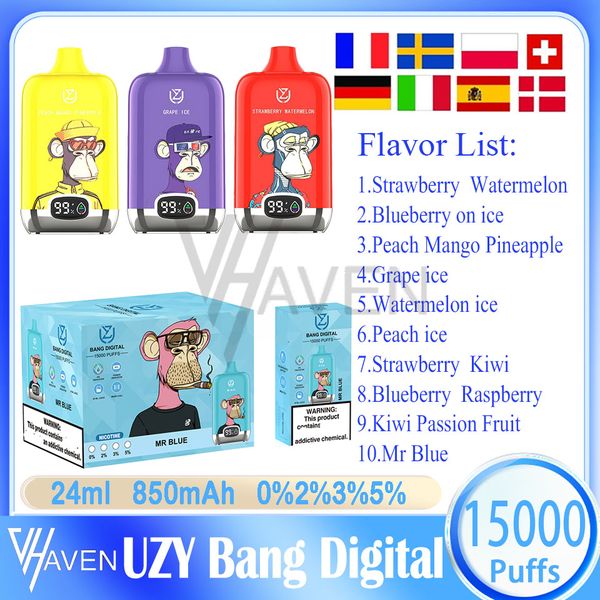 Penna Vape usa e getta originale UZY Bang Digital 15000 8ml Bobina a rete preriempita Pod 550mAh Batteria ricaricabile 5% sbuffi di livello 15k sigaretta elettronica 12 gusti