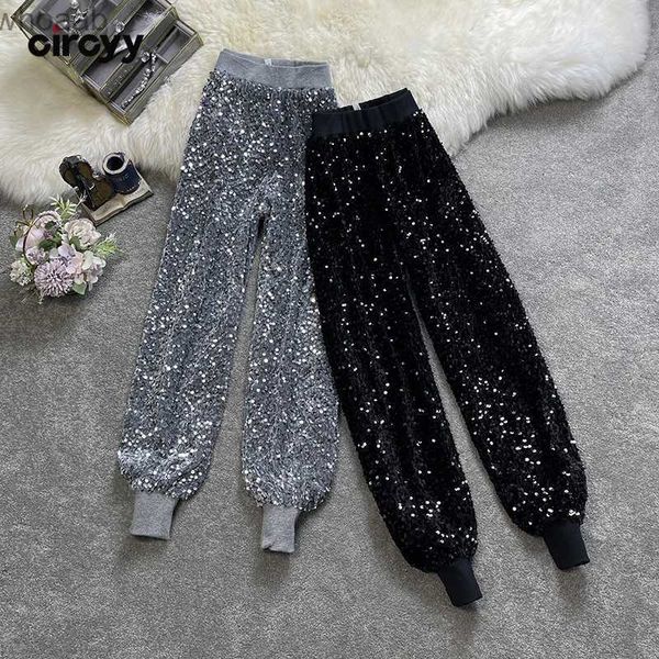 Pantaloni da uomo Circyy Paillettes Pantaloni Donna Moda 2023 Autunno Elastico in vita Harem lucido Pant High Street Solid Bloomers Streetwear Pantaloni larghi YQ231204