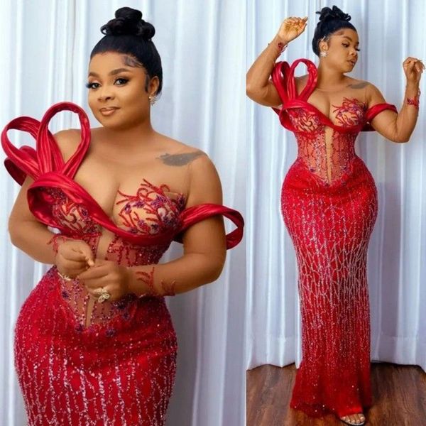 2023 Aso Ebi Ballkleider Illusion Rote Meerjungfrau mit langen Ärmeln Sexy applizierte Perlenspitze Tüll Formelles Kleid Schwarze Mädchen Zweites Empfangskleid Abendkleid ST590