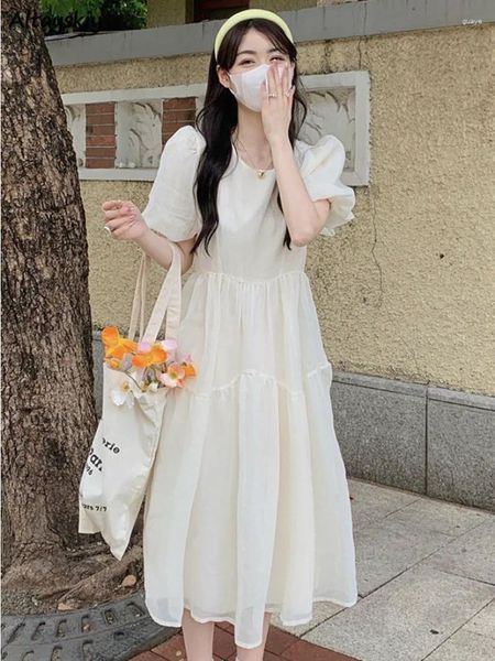 Abiti casual da donna maniche a sbuffo principessa dolce temperamento moda Ulzzang a-line estate semplice da donna in stile coreano classico