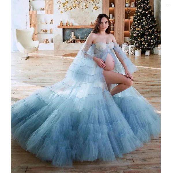 Sıradan Elbiseler Peri Mavi Hamelilik Poshoot Kabarık Tül Puf Kolları Hamile Kadın İçin Zarif Elbise Babyshower Gowns