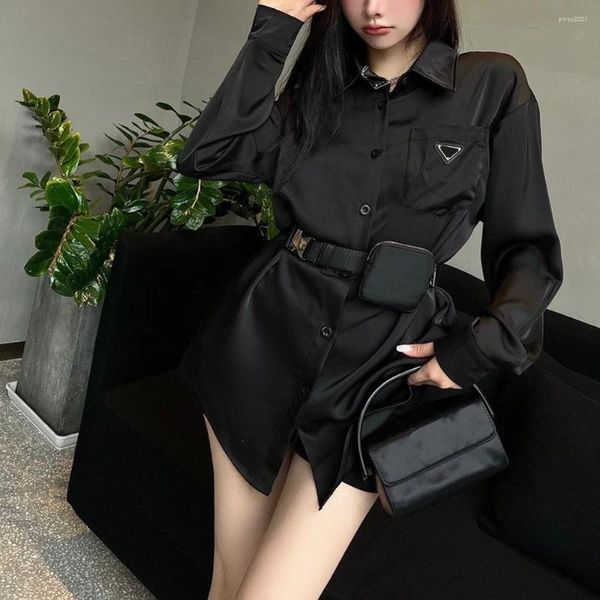 Женские блузки с воротником на пуговицах, корейская милая рубашка, женская поясная сумка, свободные модные топы с длинными рукавами, белая элегантная блузка, черные рубашки