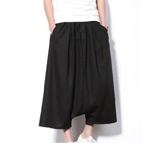 Мужские брюки 2024, мешковатые мужские брюки в корейском стиле с широким шаговым швом, хлопковые и льняные свободные большие укороченные брюки, шаровары с широкими штанинами
