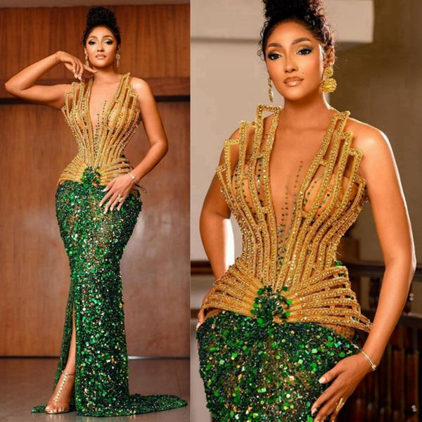 Gold Aso Ebi Prom Abiti lussuosi profondi a V Merma sirena sexy Front Front diviso sexy perdono in pizzo abito formale formale Black Girls Black Second Reception Abito da accoglienza ST588