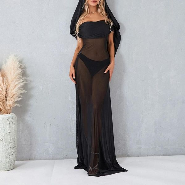 Casual Kleider Sexy Frauen Off-Shoulder Strand Kleid Cover-Ups Sheer Rüschen Mit Kapuze Lange Für Cocktail Club Sommer Streetwear