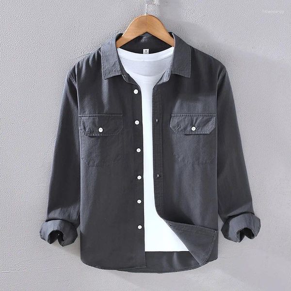 Camisas casuales para hombres Camisa gruesa de manga larga de algodón pesado Ropa para hombres Tops de carga retro Tejidos de sarga Bolsillos de uso inteligente Colores múltiples