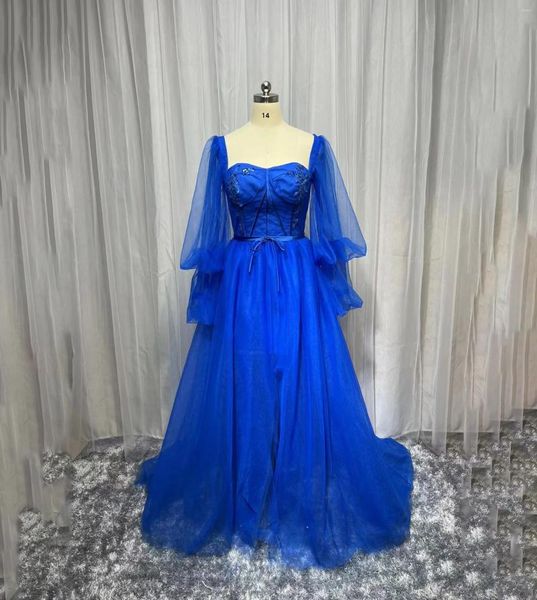 Abiti da festa Semplici Taglie forti Blu Prom Maniche lunghe a sbuffo Boning esposto Illusione Abiti da sera in tulle con spacco alto Abiti formali a trapezio