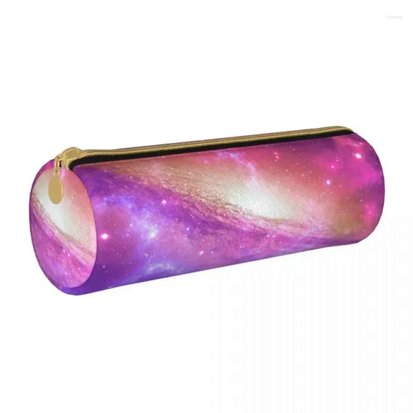 Sacos cosméticos colorido roxo galáxia redonda lápis caso aquarela estrelas impressão para criança kawaii caixa de couro papelaria zíper caneta