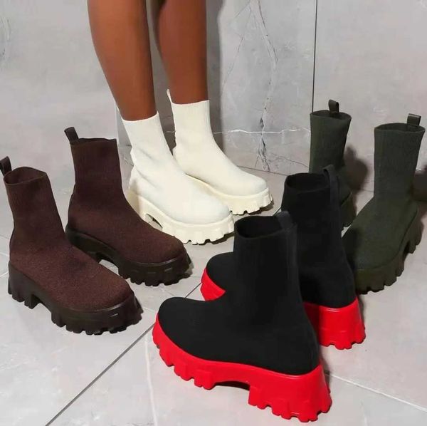 Senhora outono inverno casal meias sapatos femininos de sola grossa casual tamanho grande net vermelho malha botas curtas femininas botas de mujer