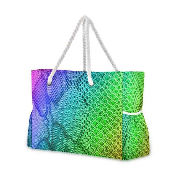 Sacos de compras saco de transporte para viagens praia compras corda lidar com mulheres reutilizáveis sacos bonitos para meninas arco-íris cobra pele impressão colorido184s