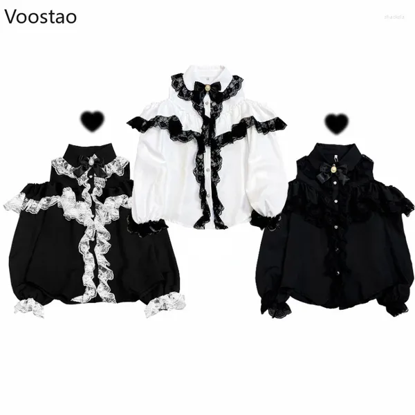 Kadınlar bluzları y2k lolita tarzı kadın moda kawaii dantel örgü fırfırlar bowknot omuz uzun kollu gömlek gotik kızlar vintage üstler