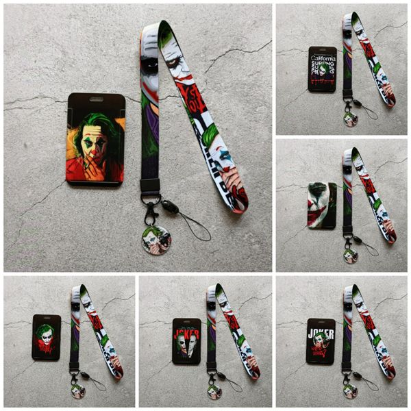 Atacado 50 conjuntos de desenhos animados The Joker PVC Card Cover Estudante Campus Pendurado Pescoço Saco Celular Correias Encantos Titular Cordão Porta-cartões de IDENTIFICAÇÃO Chaveiro Presente 2023