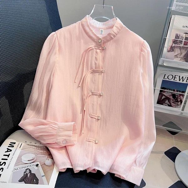 Blusas femininas chiffon estilo chinês camisa vintage solta moda o pescoço roupas femininas mangas compridas sólido topos ycmyunyan