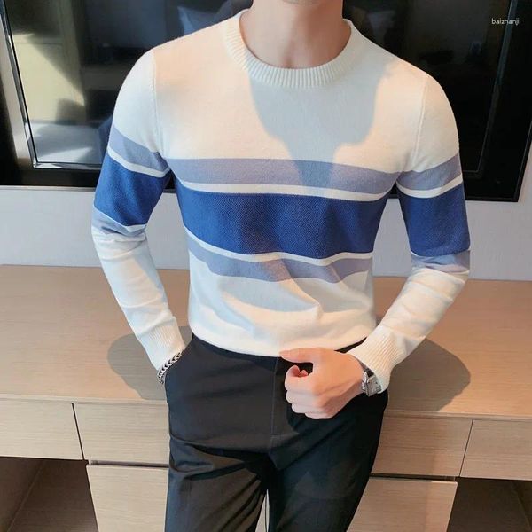 Maglioni da uomo in controcolore mezzo collo alto a righe modelli autunno inverno versione coreana pullover in maglia calda con collo medio slim fit