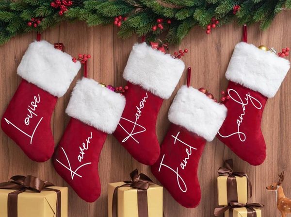 Decorações de Natal Meias Família Vermelha Cusom Nome Saco de Presente Personalizado Meia de Natal Com Decoração de Feriado