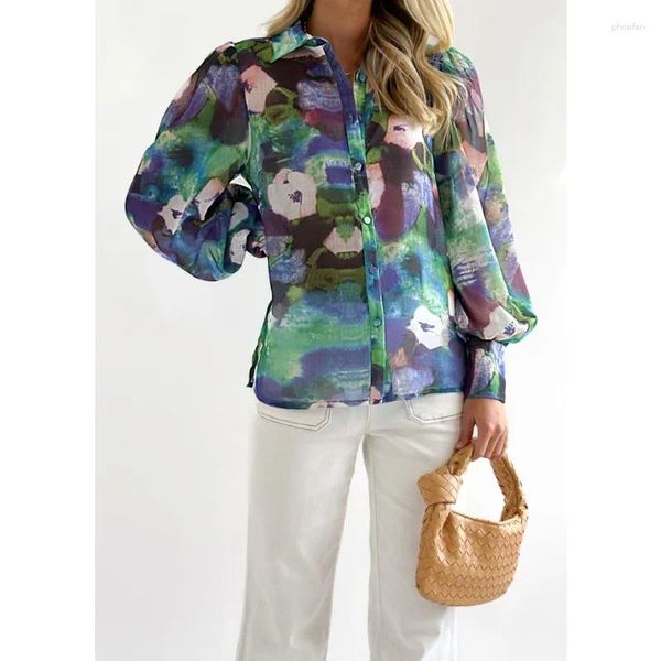 Camicette da donna Wepbel Scollo a V Borsa a maniche lunghe Camicia con fibbia per donna Tie-dyed Y2K Top Summer Street Style Tops Streetwear Tunica