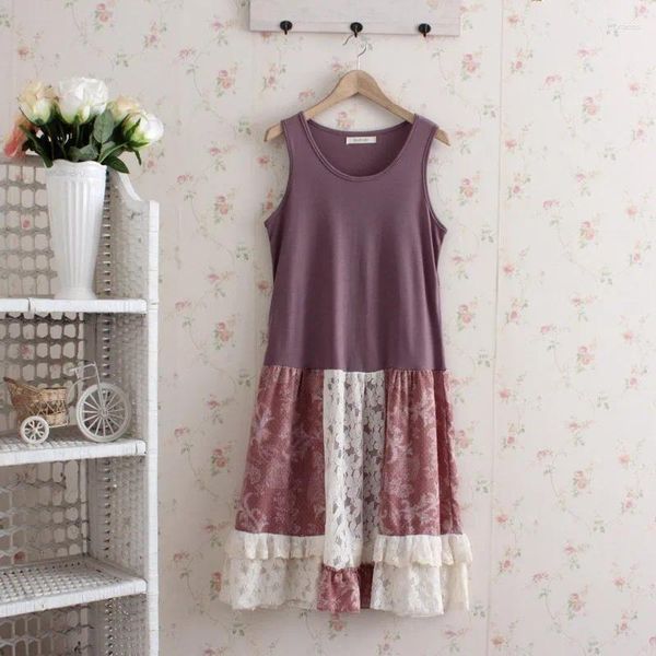 Lässige Kleider Japanische Mori Mädchen Kleid Frauen Süße Nette Lose Patchwork Tank Boden Spitze Floral Ärmellose Weibliche Kawaii C083