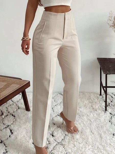 Pantaloni da donna Pantaloni larghi da indossare in ufficio di base per le donne 2023 Colore della caramella Elegante piega a vita alta Harem Bianco Slim Capris dritti