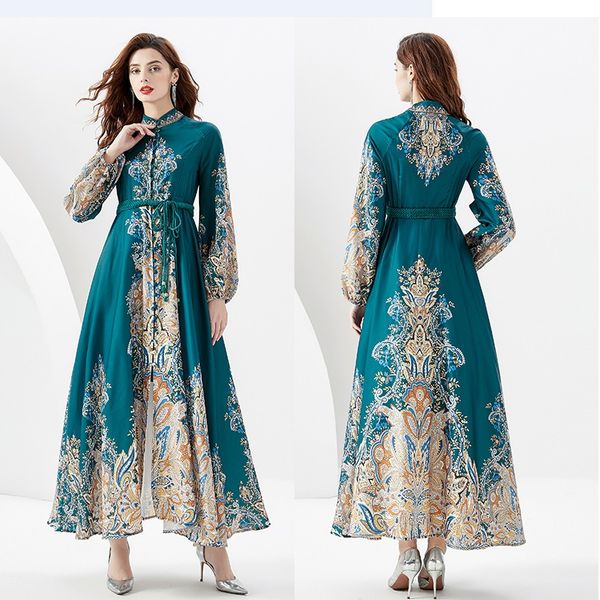 Abito lungo Boho verde elegante vintage Abito manica lunga Donna Designer di passerella Collo a lupetto Allacciatura Vita Abiti floreali Paisley per feste 2023 Abiti per le vacanze primaverili