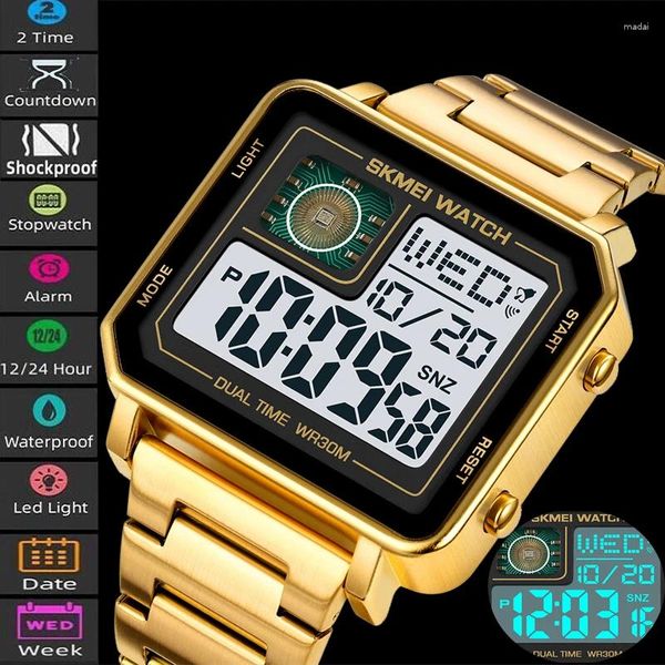 Armbanduhren Skmei Mode Dual Time Herren Digital Sportuhr Luxus Edelstahlarmband LED Wasserdicht Armband Wecker Reloj Hombre