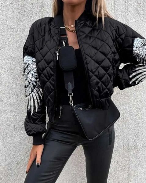 Jaquetas femininas outono inverno bombardeiro jaquetas para mulheres streetwear casaco de beisebol contraste lantejoulas asas de anjo padrão acolchoado puffer jaqueta t231204