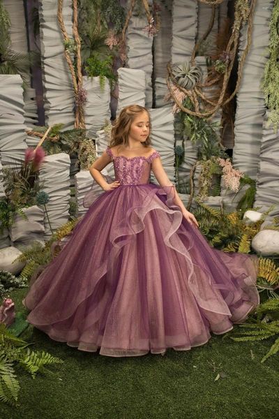 Vestidos da menina brilhante princesa flor roxa sem mangas frisado criança tule vestido de festa de casamento de aniversário formal vestido de baile de noite