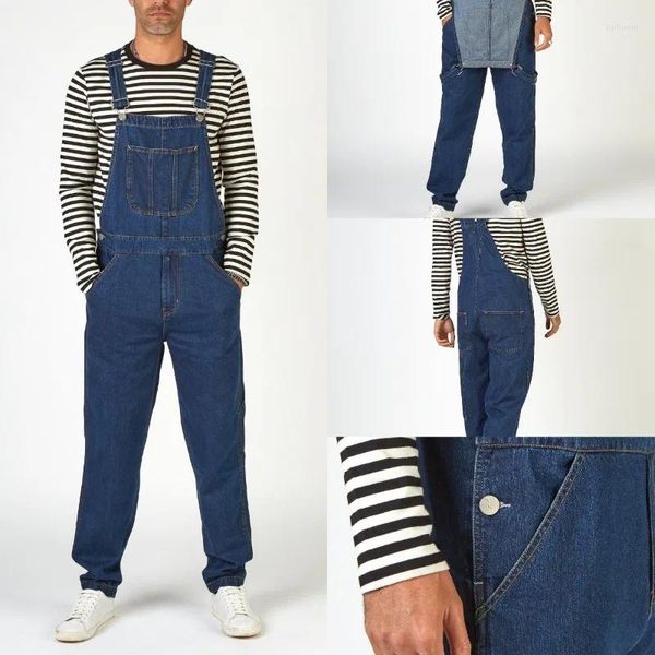 Jeans masculinos macacão jeans bolso costura cinta 2023 primavera outono macacões homens calças retas macacão