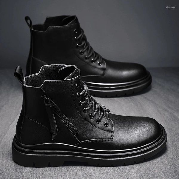 Botas de couro genuíno inverno homens marca masculina confortável motocicleta moda zíper lateral rendas sapatos ao ar livre