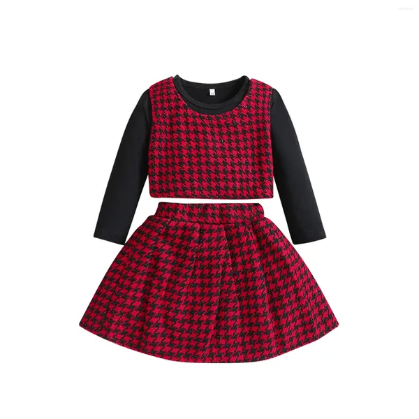Girls' Spring twin clothing sets - Black Plaid Print 3-Piece Outfit with Long Sleeve Top, Vest, and Skirt - Sizes 3 to 6Y