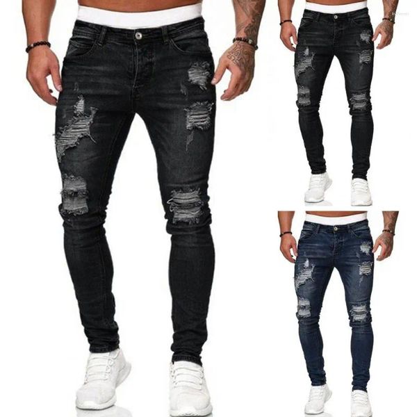 Jeans masculinos motocicleta personalidade capaz de ajuste apertado perna pequena primavera e outono longo K05-0019